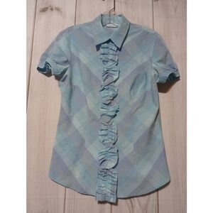New York and Company Shirt Ladies Large Blue Short Sleeve Ruffle Button Front